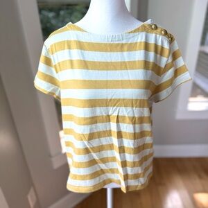 J. Crew Yellow White Striped Brass Button Boat Neck Boxy Cotton Tee Shirt Sz S